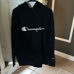 Champion Black Crewneck Hoodie with White Script Logo